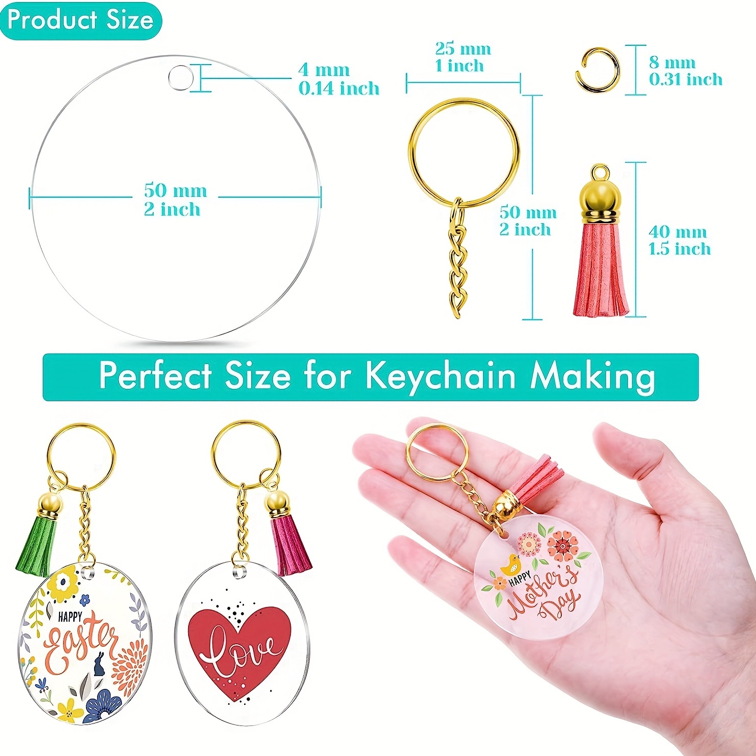 50 Sets Blank Keychains For Vinyl, Acrylic Keychain Blanks With 5 Shapes Clear  Acrylic Disc Leather