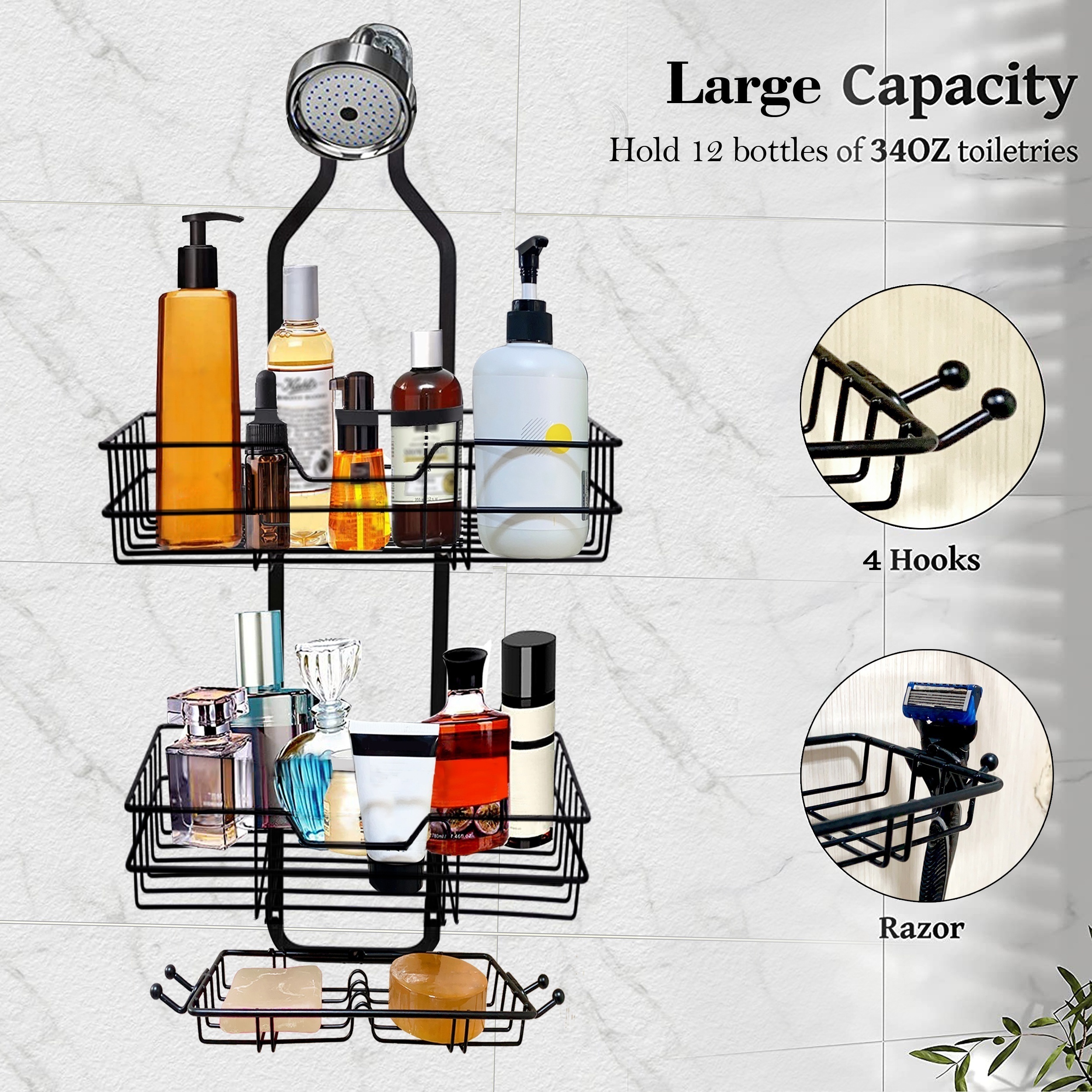 Shower Caddy Over Shower Head, 3 Tier Rustproof Hanging Shower Organizer  With Hooks & Dual Soap Holder, Large Capacity Shower Rack Over Shower Head  For Bathroom Shower Room, Bathroom Accessories - Temu