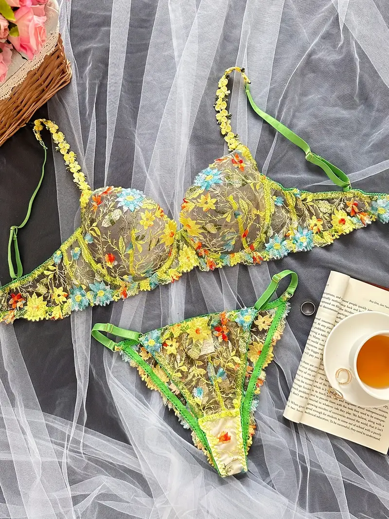 Floral Embroidery Lingerie Set, Mesh Unlined Bra & Sheer Panties, Women's  Sexy Lingerie & Underwear