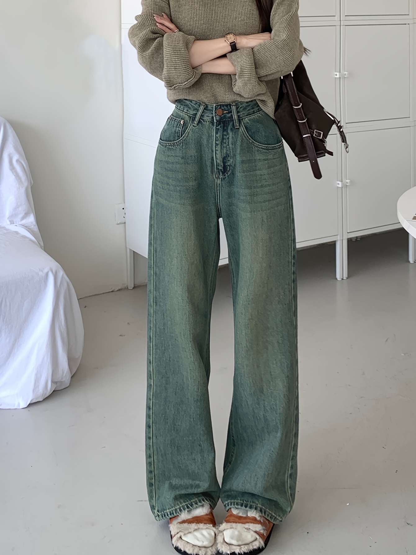 Jeans De Mujer Otoño Retro Pantalones De Mezclilla De Pierna Ancha