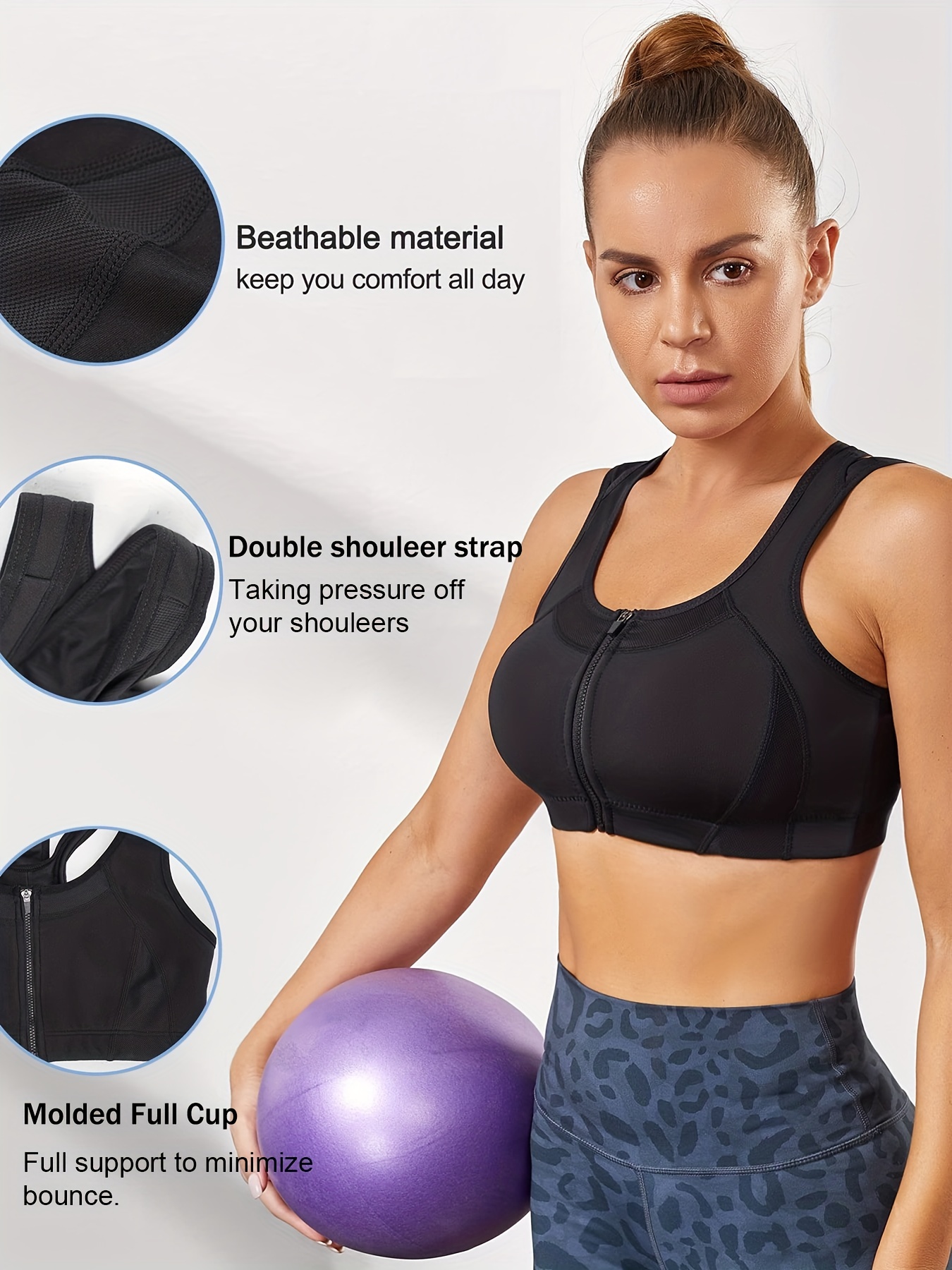 Sports Bra Women High Impact Zipper Front Closure Padded Yoga Bra