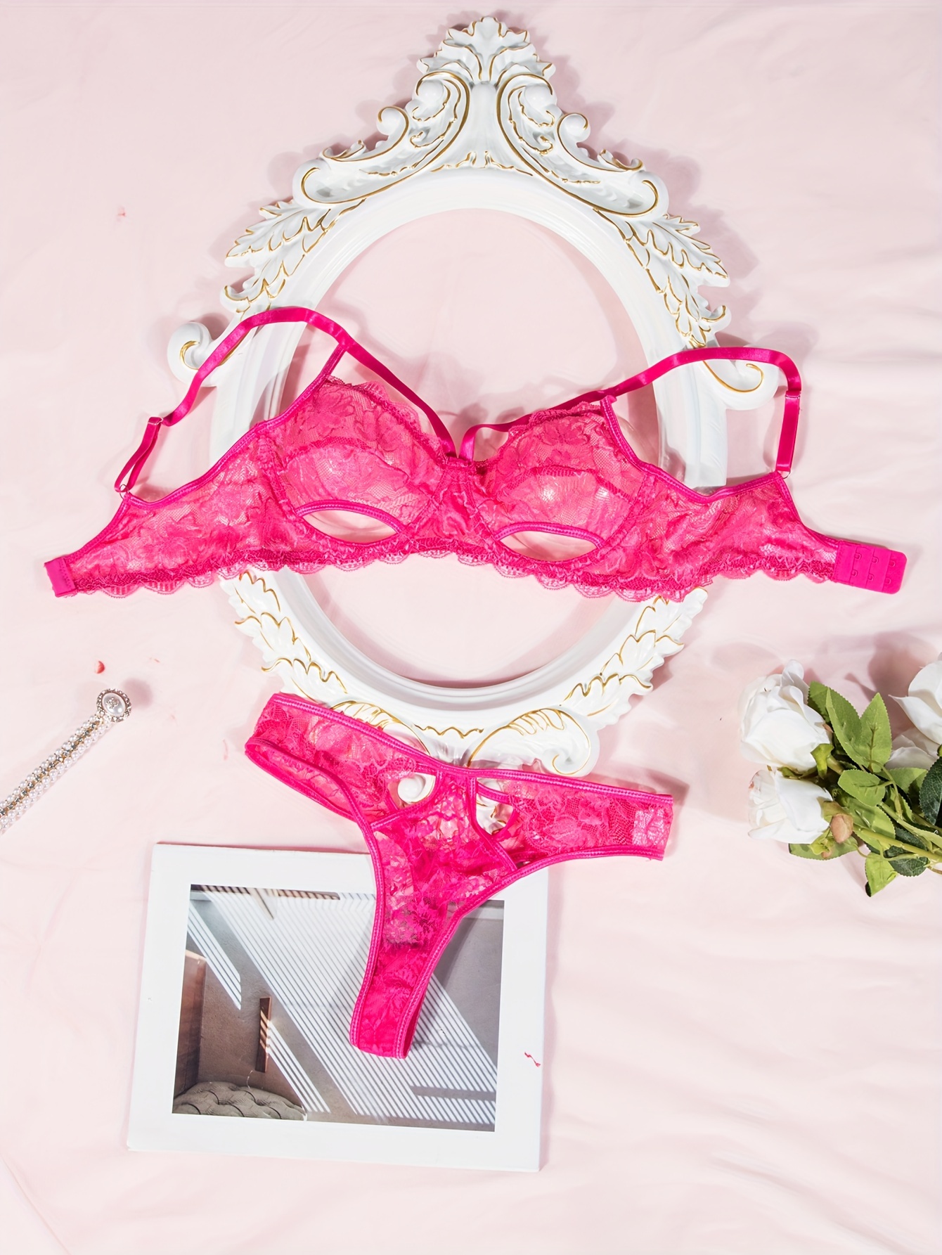 Floral Lace Lingerie Set, Cut Out Bow Knot Intimates Bra & Thong, Women's  Sexy Lingerie & Underwear