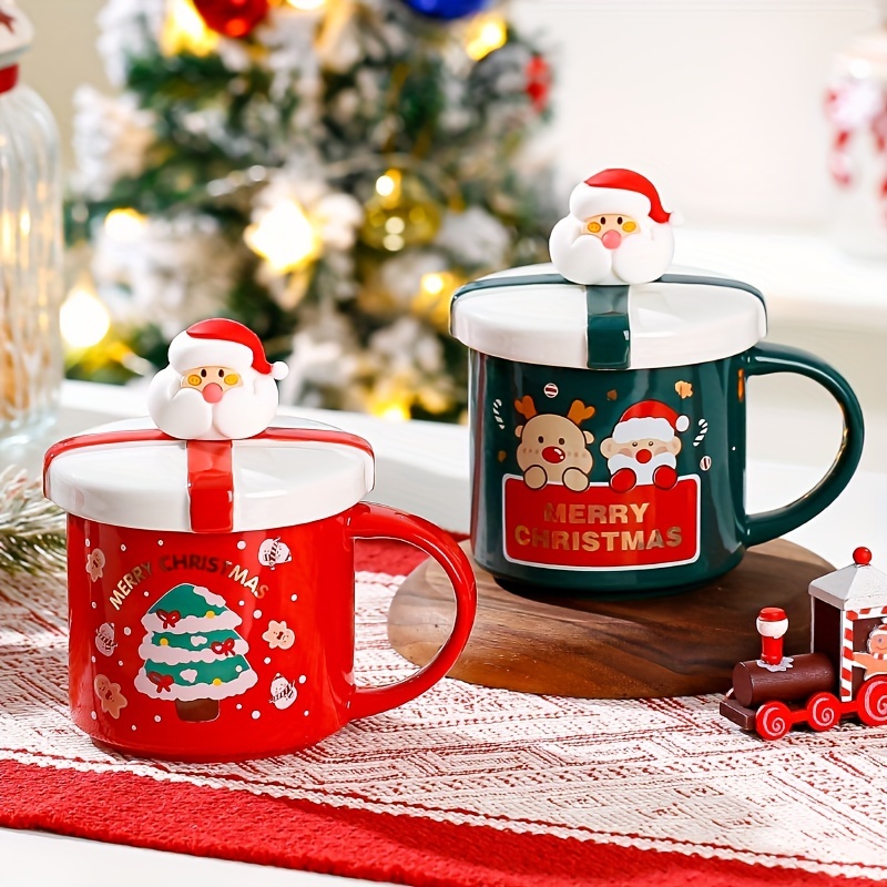 400 ml Cute Santa Coffee Mug Set w Lid and Spoon Ceramic Cup Xmas Party  Gift Set