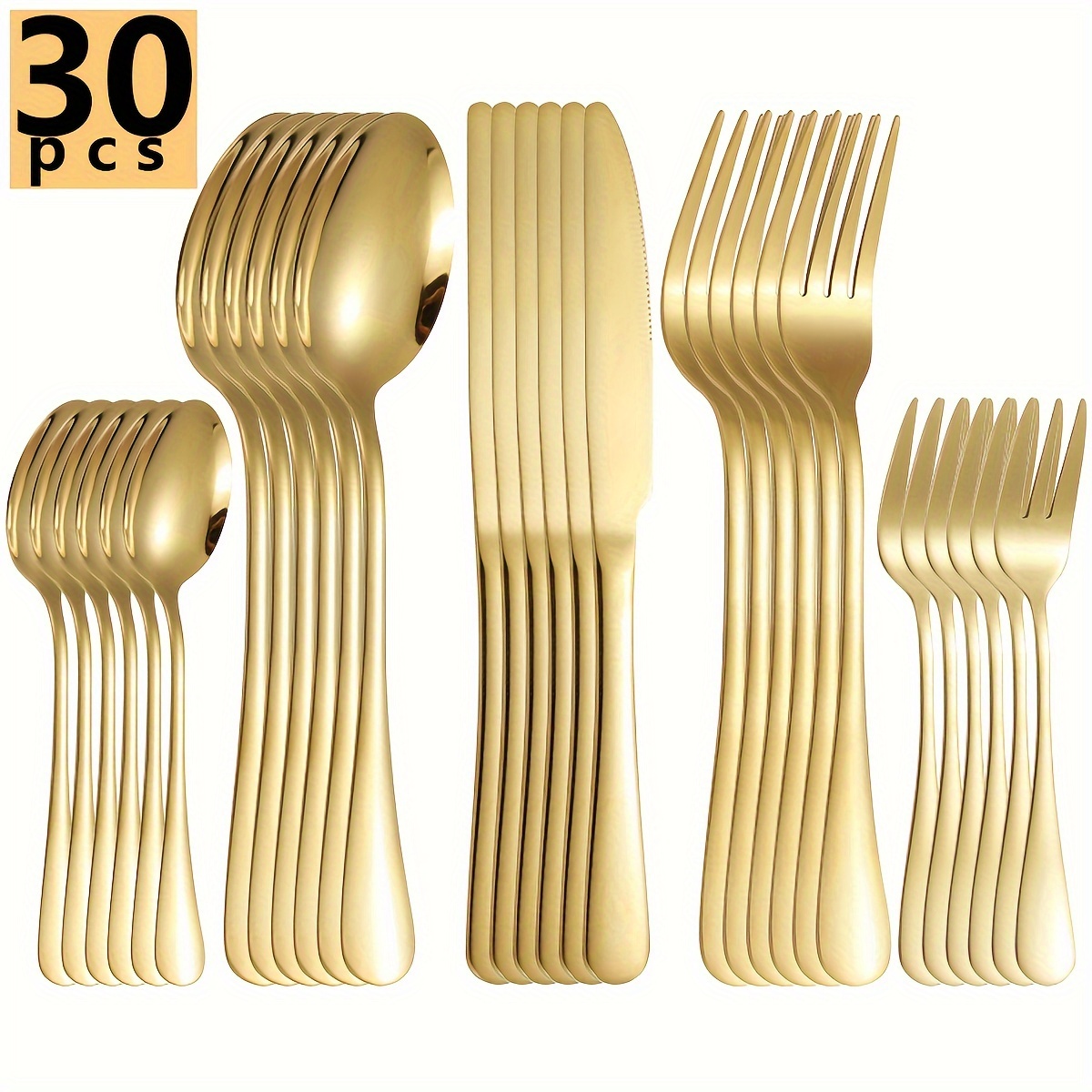 

30pcs Luxury Cutlery Set Fork Spoon Knife Set Elegant Stainless Steel Golden Dinnerware Set Coffee Spoon Kitchen Tableware Set Silverware Set