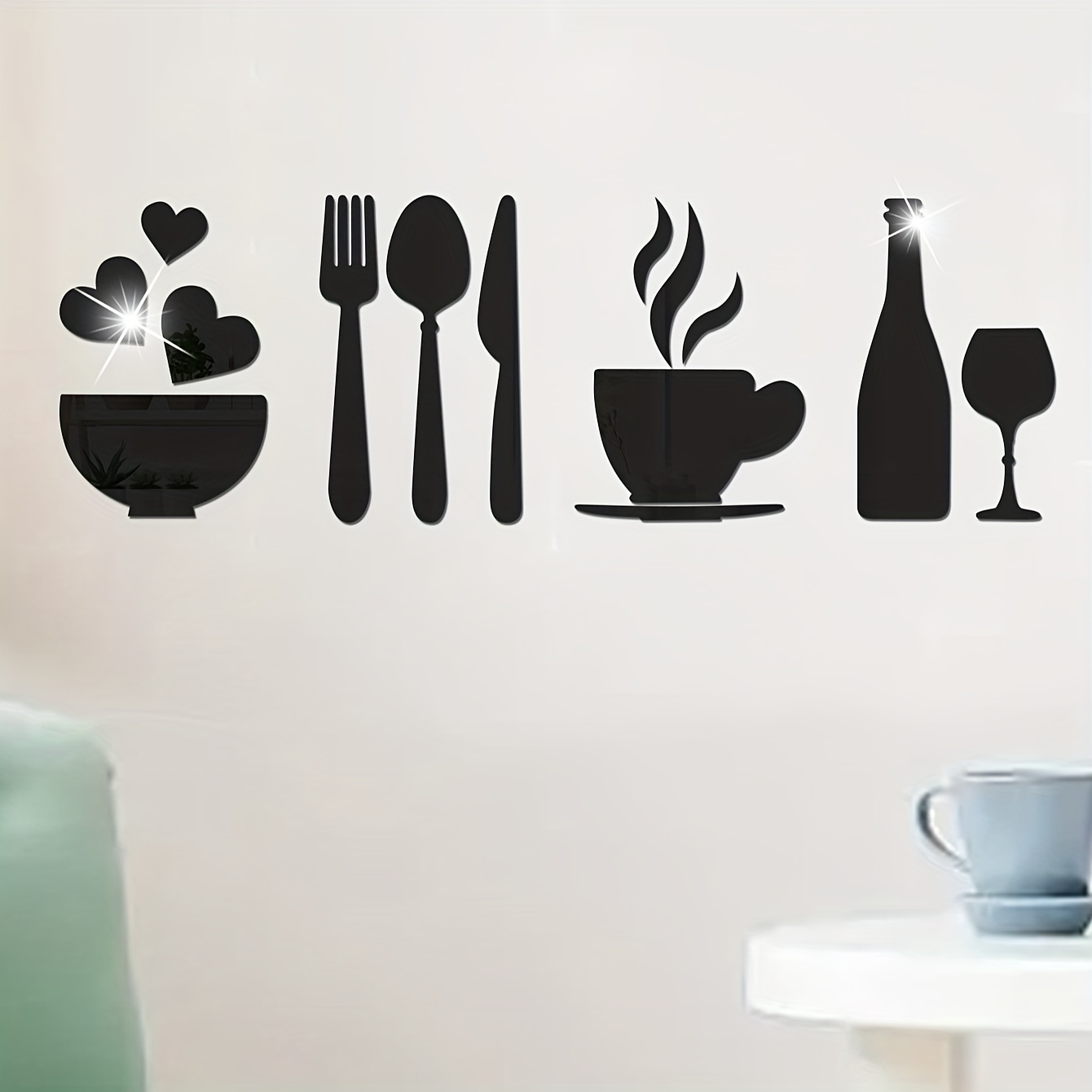 Kitchen Wall Decor Acrylic Mirror Wall Stickers, Fork Spoon Bowl