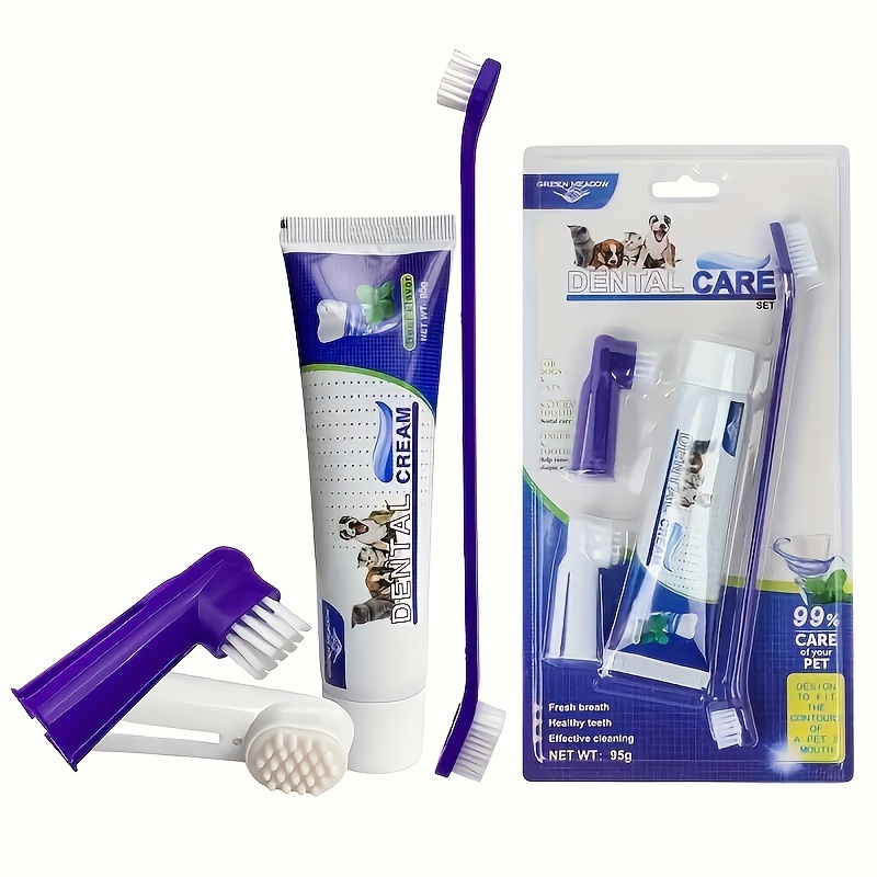 

4pcs/set Pet Cleaning Products, Dog Toothpaste With Double-headed Toothbrush And Finger Cover Brush For Pet Dental Cleaning Supply