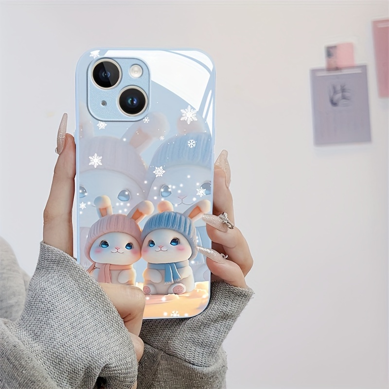 

Creative Snowflake Bunny Background Pattern Phone Case Suitable For 15, 14, 13, 12, 11 X/xs Xr Xs Pro Max Plus Far Blue Metallic Silicone Glass Straight Edge New All Inclusive Protective Case