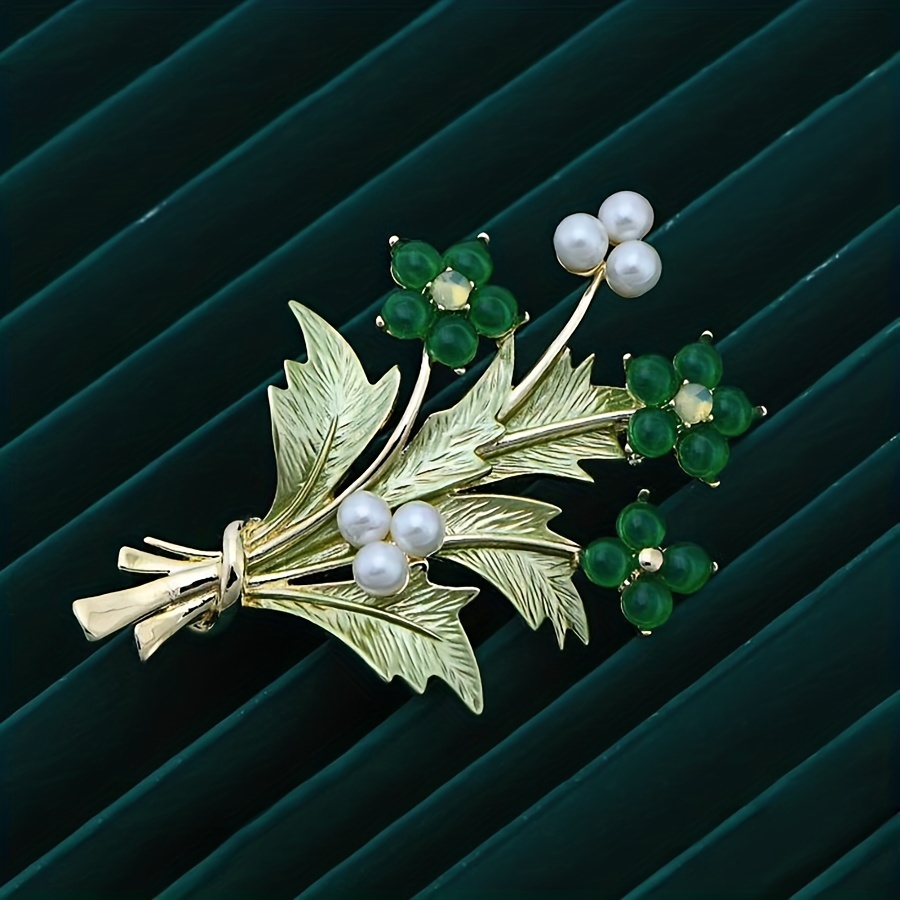 1pc Women's Gold-tone Faux Pearl Leaf Shaped Brooch Pin, Elegant