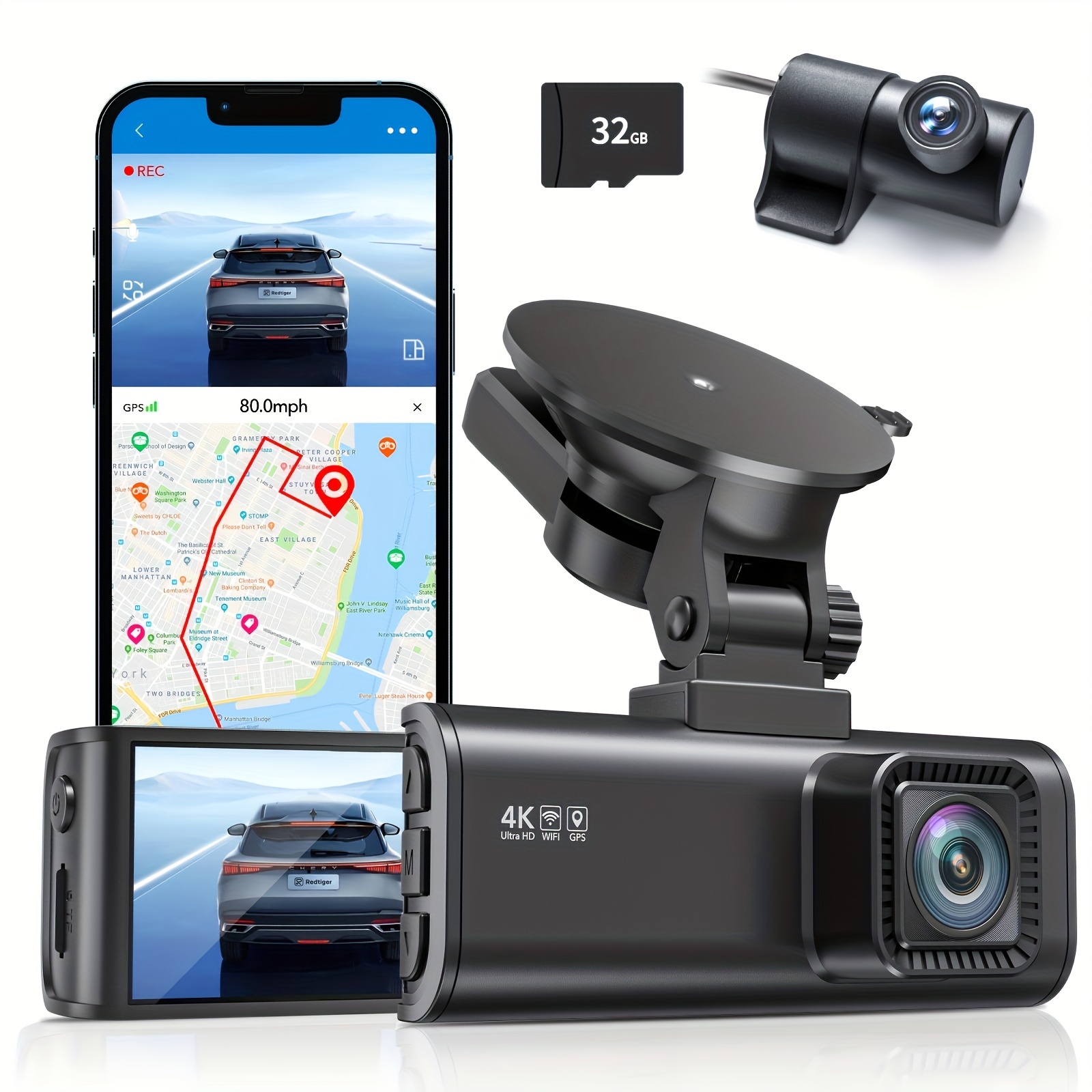 4K Dash Cam W/GPS WiFi, Front and Inside Dual 2.5K 1440p Dash