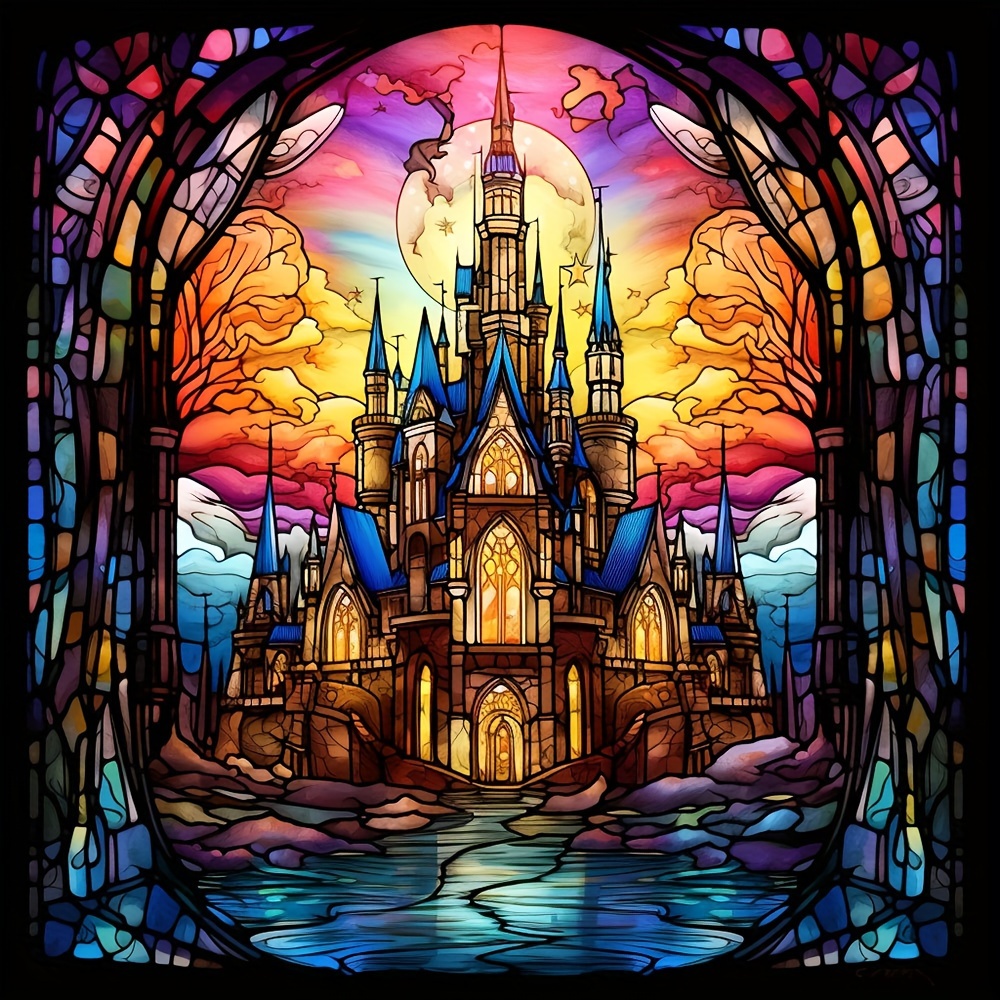 Office, Beauty The Beast Stained Glass Diy 5d Full Round Drill Diamond  Painting