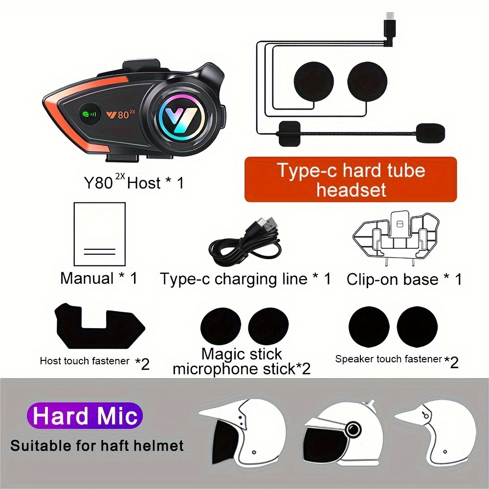 1pc Y80 2X Motorcycle Helmet Intercom Wireless Earphones V5.3 Hands-free  Calling Wireless Noise Reduction Waterproof 1000M Intercom