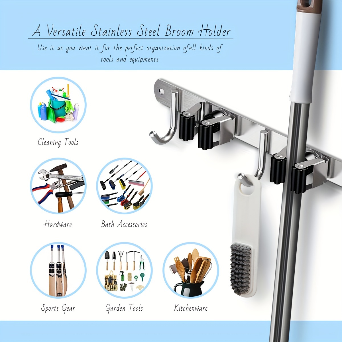 Heavy-duty Stainless-steel Broom And Mop Holder With Utility Hooks For  Garage, Kitchen, Laundry, Pantry, And Bathroom Organization - Temu