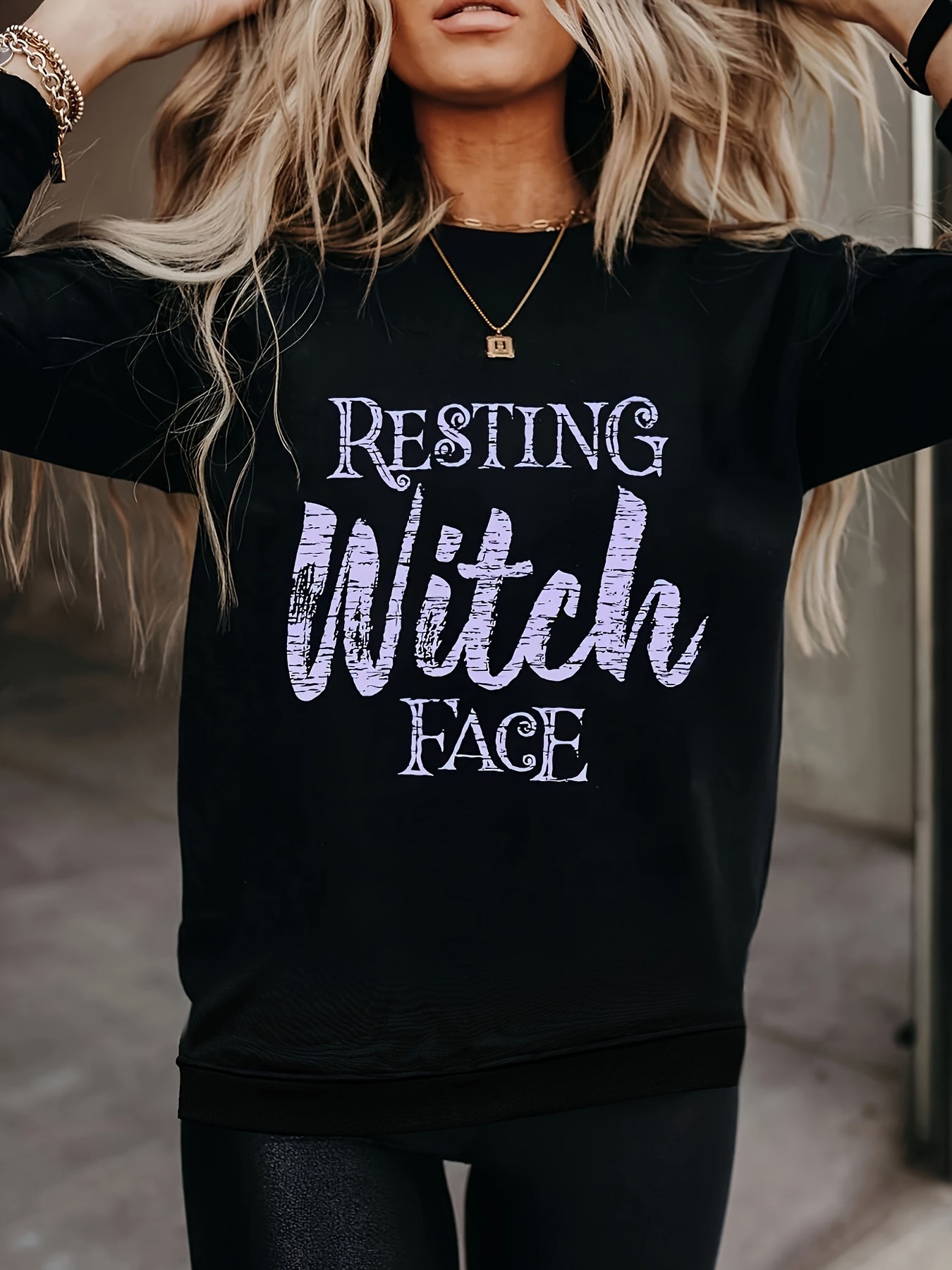witch letter print sweatshirt casual long sleeve crew neck sweatshirt womens clothing details 0
