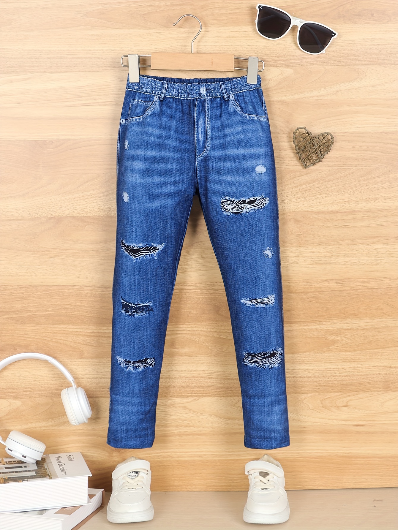 Girls' Autumn/winter Denim Pants, Trendy Elastic Waist Ripped Slim Fit  Jeans For Outdoor, Kids Clothing