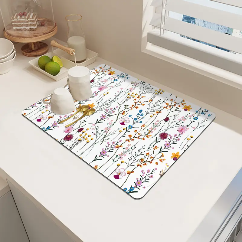 Dish Drying Mat, Multi-color Flower And Grass Printed Mat Or Kitchen Use,  With Drainage Function, Suitable For Drying Dishes And Placing Next To  Coffee Machines, Durable And Anti- Dirt, Kitchen Supplies 