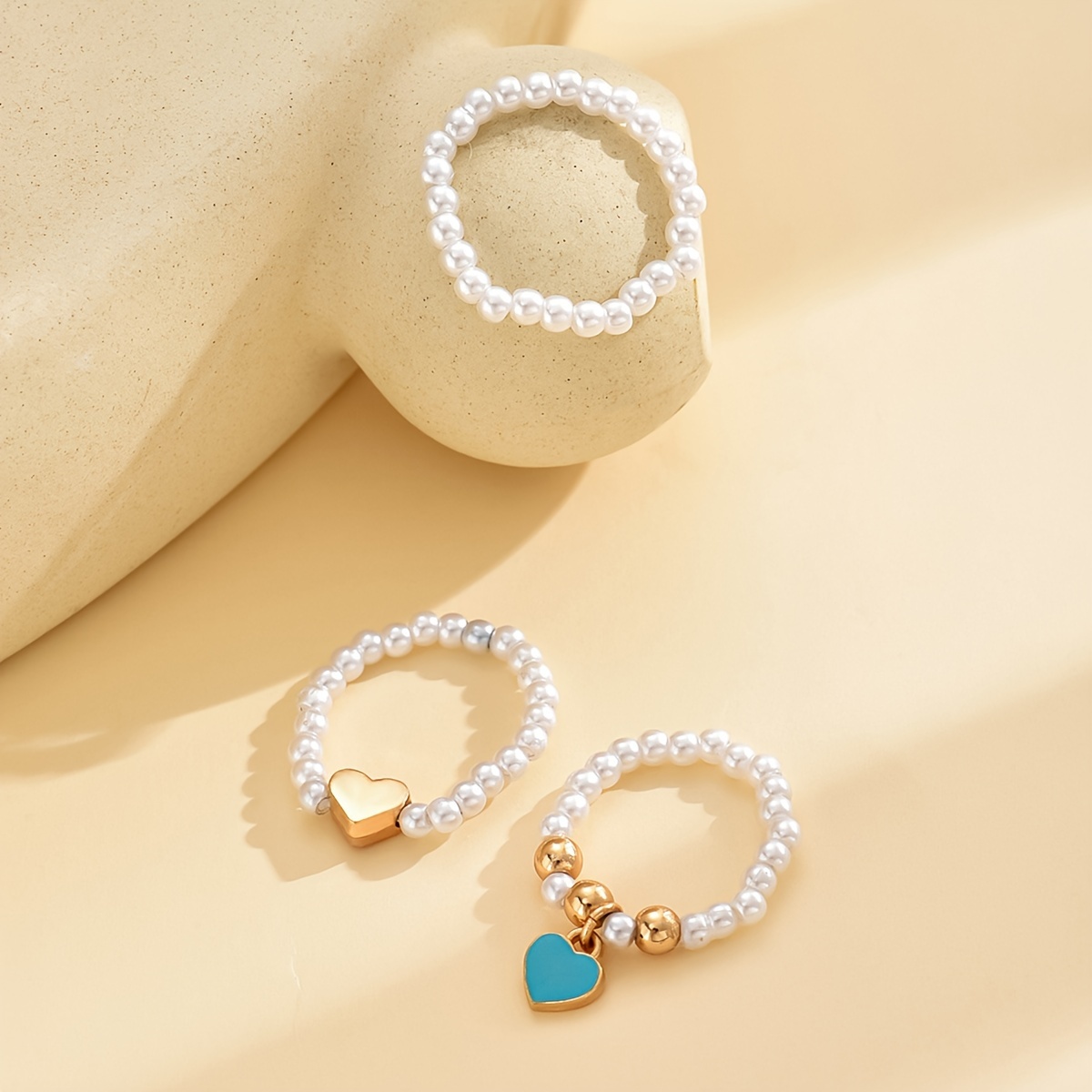 Vintage Heart Ring Set Elastic Irregular Faux Pearl Beaded Love Drop Ring