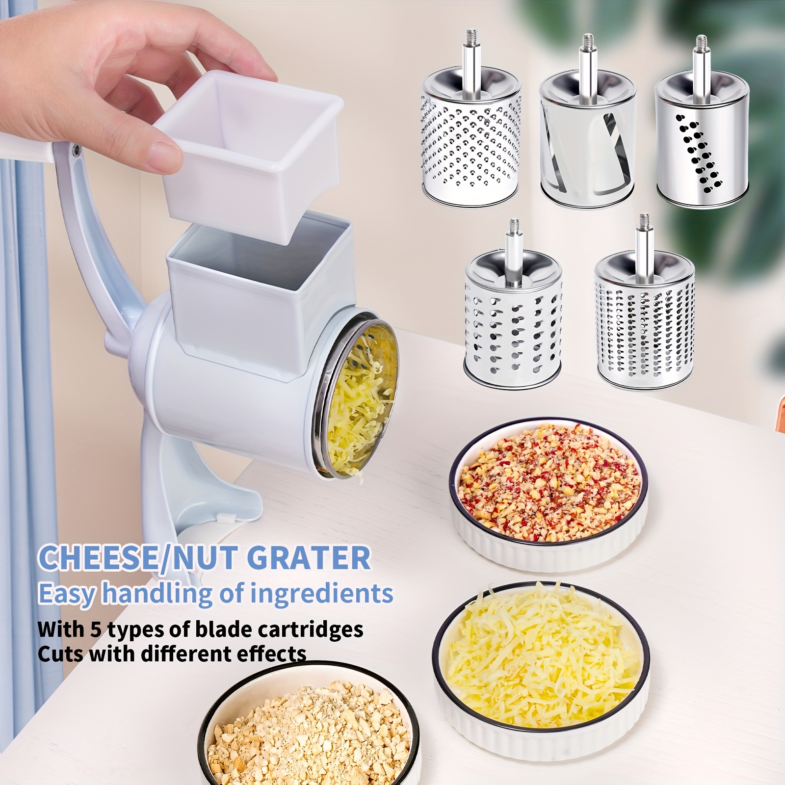 Rotary Cheese Grater, Manual Food Crusher With Interchangeable