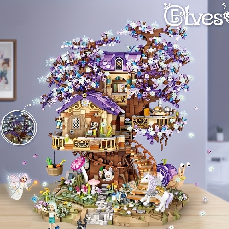 1pc Purple Elf Tree House Artificial Tree House Bricks Model Set DIY Large Model Building Block Toys Creative Building Game Gift Idea For Adults Or Friends Home Decor 3991pcs