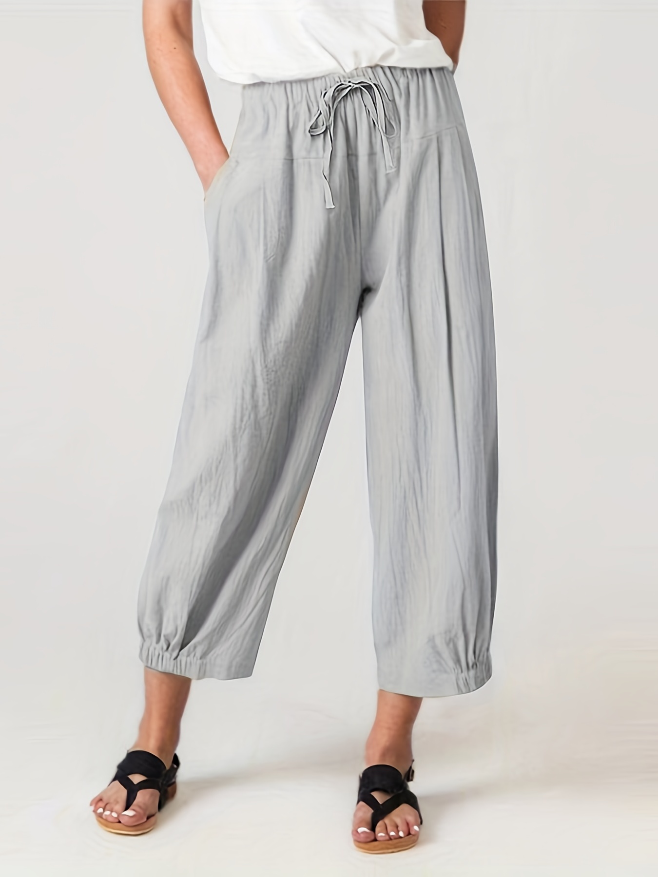 Plus Size Casual Pants Women's Plus Solid Drawstring - Temu