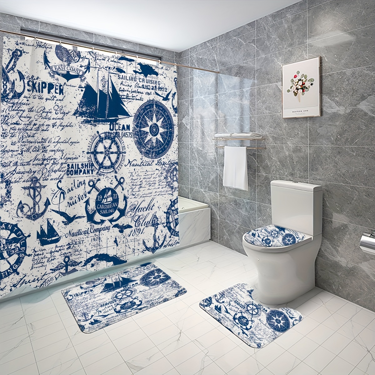 Nautical Anchor Shower Curtain for Bathroom, Navy Blue White Beach Fabric Shower  Curtains Set, Ocean Kids Restroom Decor Accessories, Hooks Included 72x72  Inch 