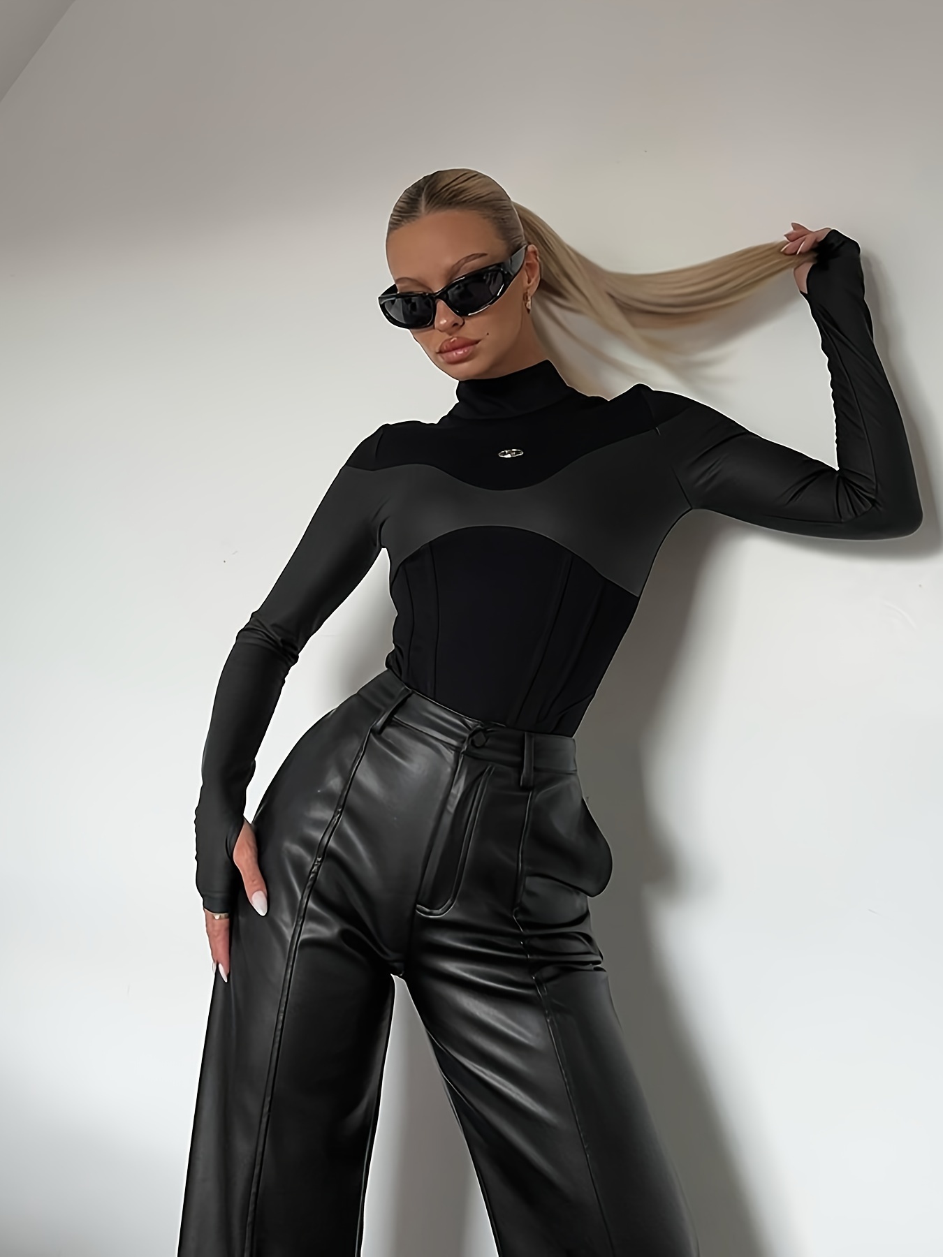  Women PU Faux Leather Long Sleeve Metal Bodysuits Sexy