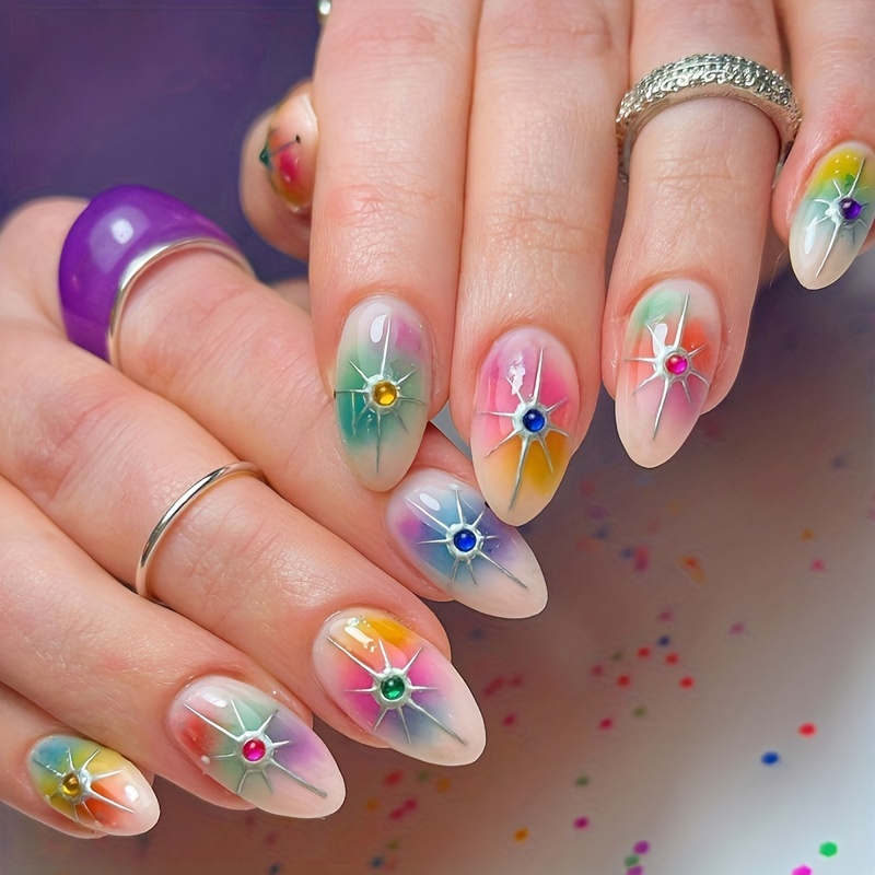 Spring Flower Nails Heart Multicolor Medium Almond Press-Ons