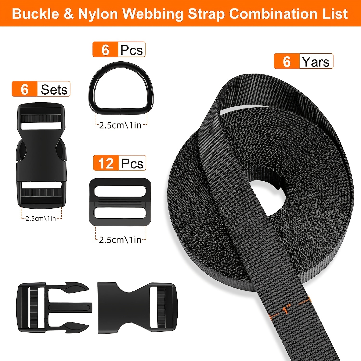Buckles Strap 1 Inch: Nylon Webbing Straps 6 Yards, Quick Side Release  Plastic Buckles Dual Adjustable 6 Pack, Tri-Glide Slide Clip 12 PCS, Metal  D