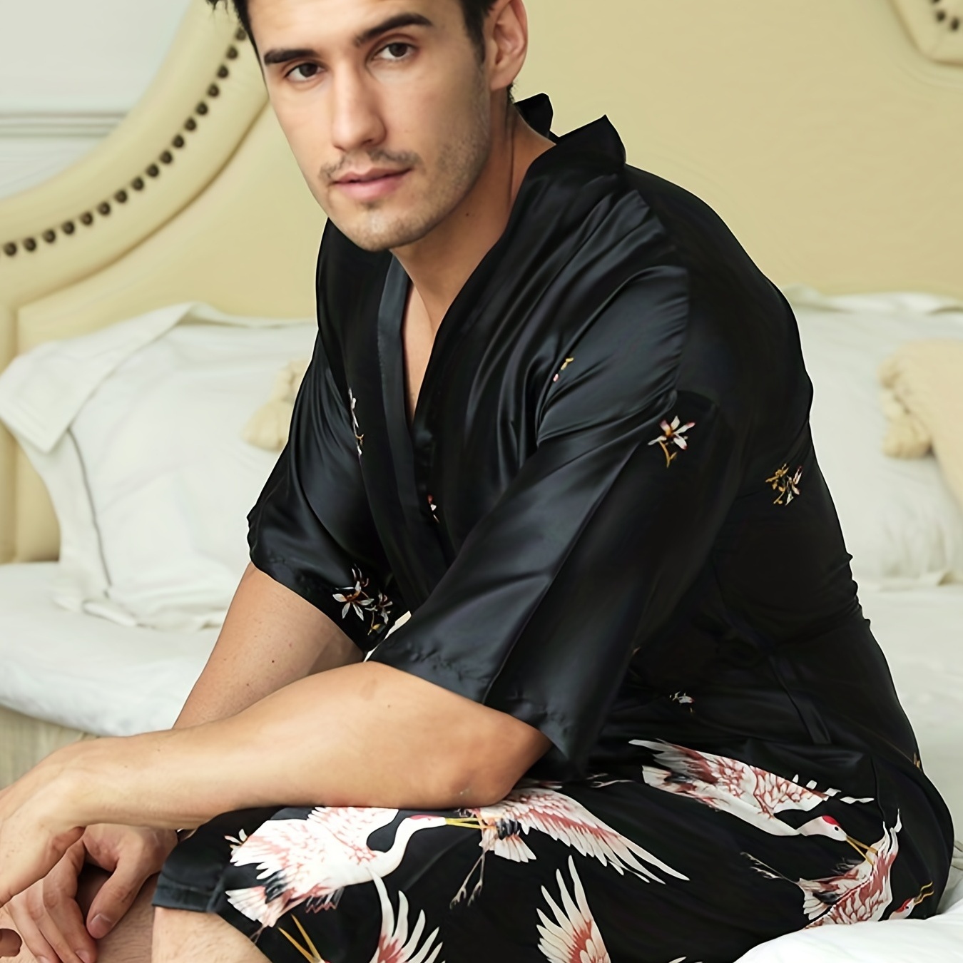 Men's Satin Floral Print Belted Sleep Robe, Imitation Silk Printed  Long-sleeved V-neck Pajamas Home Robe Bathrobe - Temu United Arab Emirates