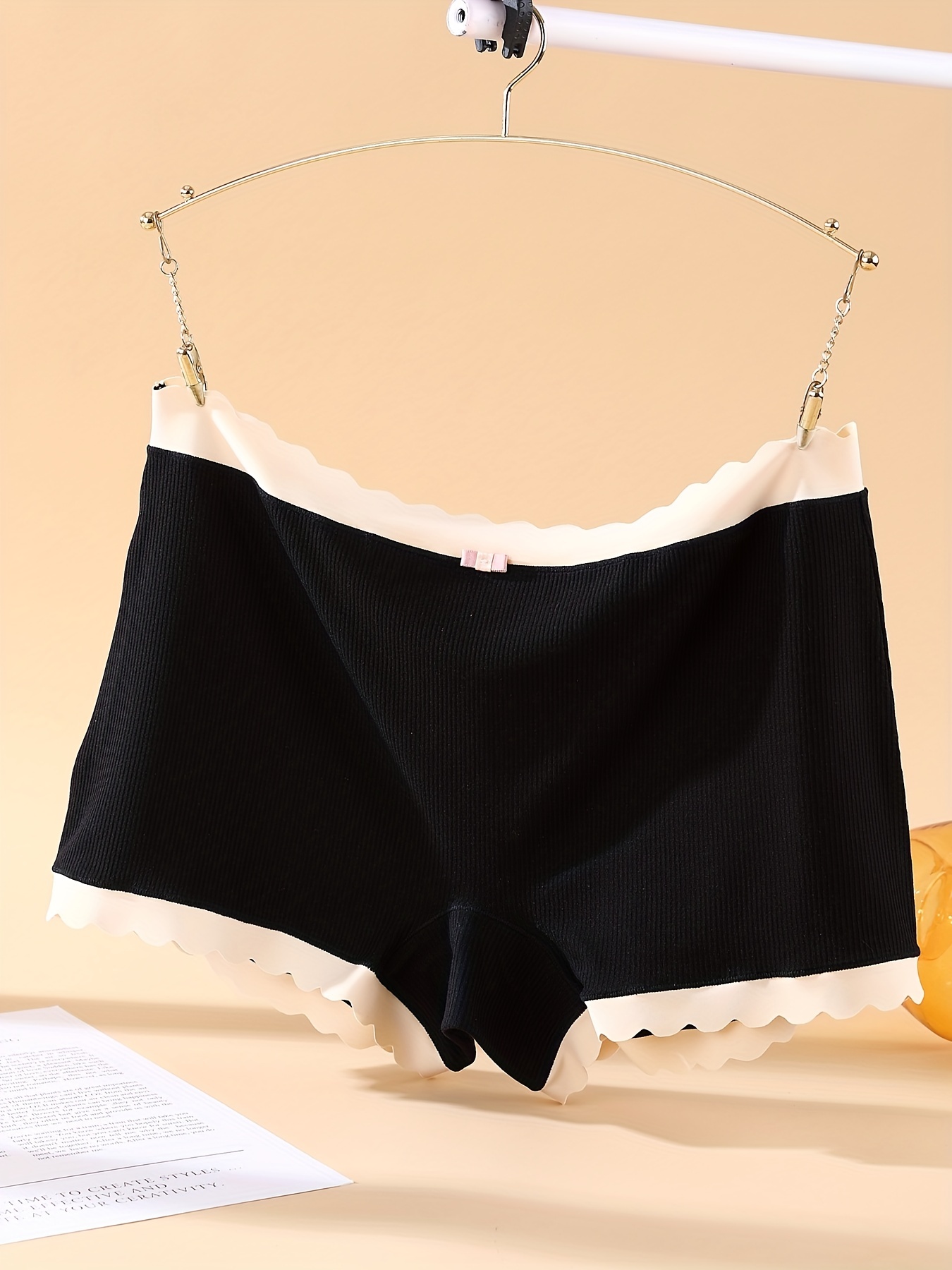4 Pack Plus Size Elegant Safety Underwear Pants Set, Women's Plus Solid  Micro Ribbed Scalloped Trim Modal Briefs 4pcs Set
