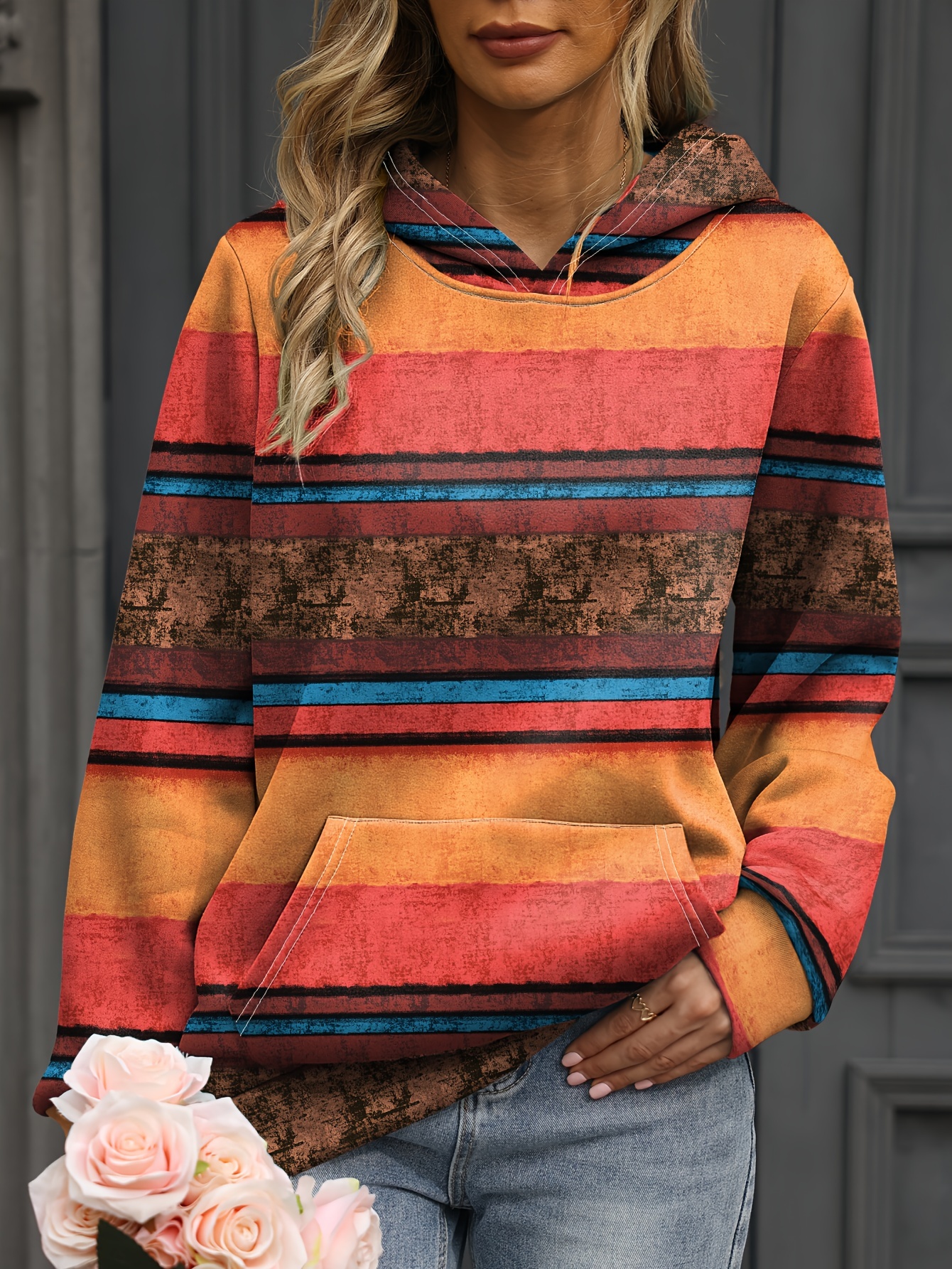 Striped Kangaroo Pocket Hoodie Casual Long Sleeve Hoodies - Temu