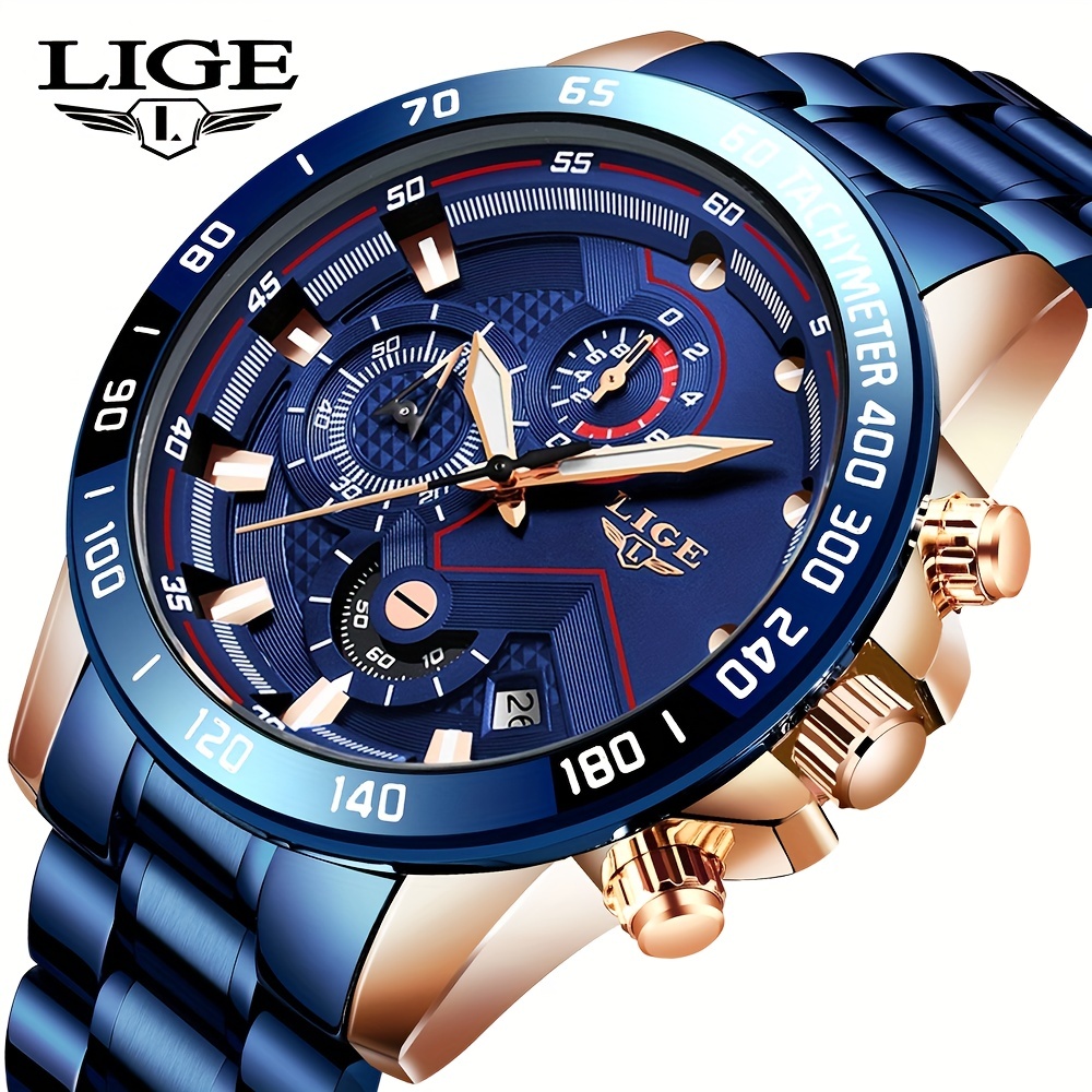 LIGE メンズ腕時計トップブランドの高級ステンレス鋼ブルー防水クォーツ時計メンズファッションクロノグラフ男性スポーツウォッチ