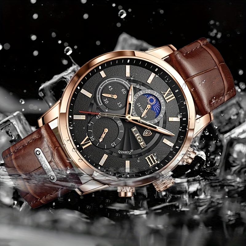 LIGE Men Watches Leather Waterproof Luminous Quartz Wristwatch