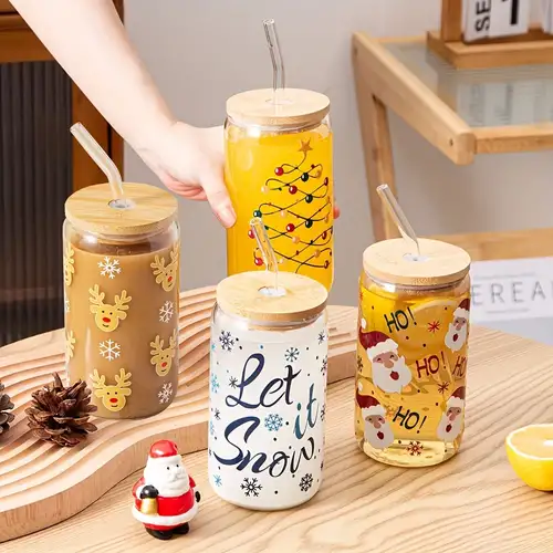 1pc,mason Jar Cups With Lids And Straws, 20oz Glass Cups With Bamboo Lids,  Iced Coffee Tumbler With Straw, Cute Cups, Summer Drinkware, Home Kitchen