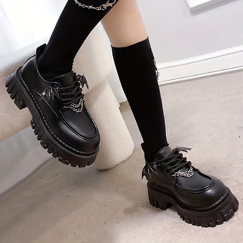 Women's Gothic Style Platform Loafers, Round Toe Lace Up Bat Wings Decor  Shoes, Stylish Chunky Shoes