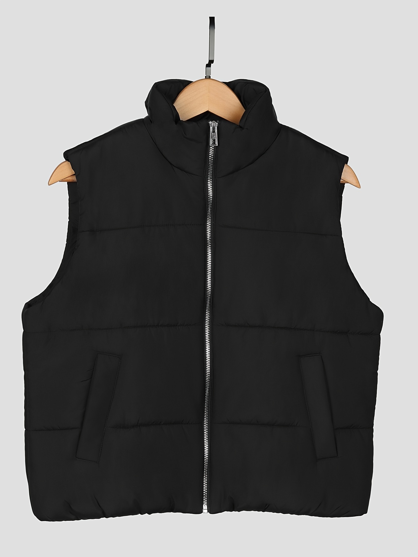 Zip Solid Jacket Vest Stand Collar Pocket Sleeveless Jacket - Temu
