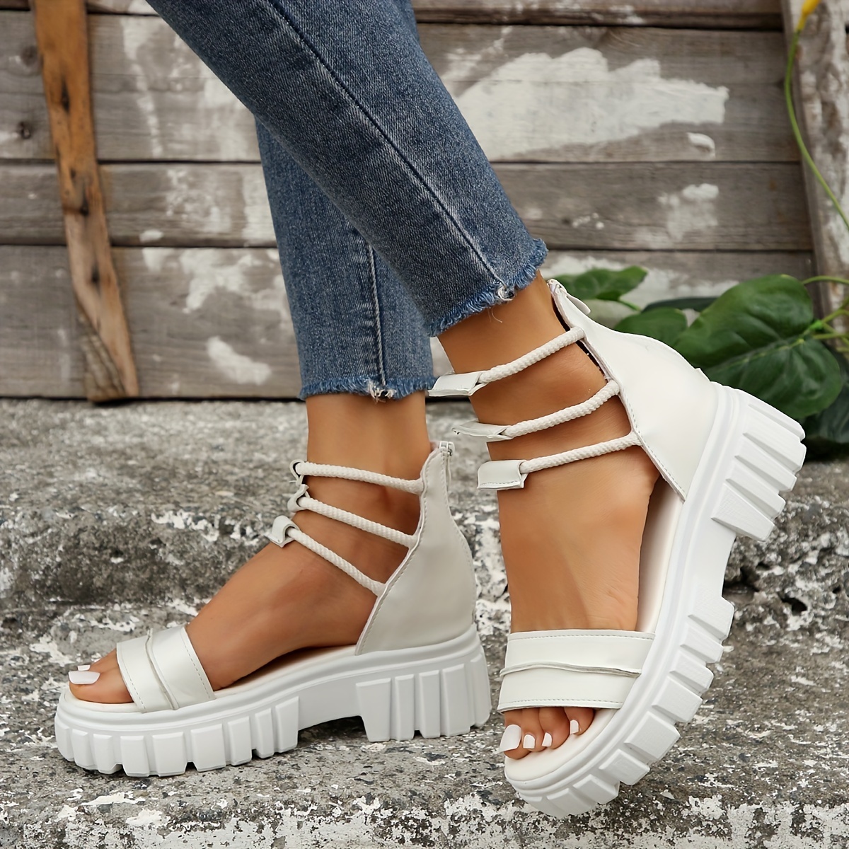 Women's Double Band Platform Sandals Roman Style Zipper Back