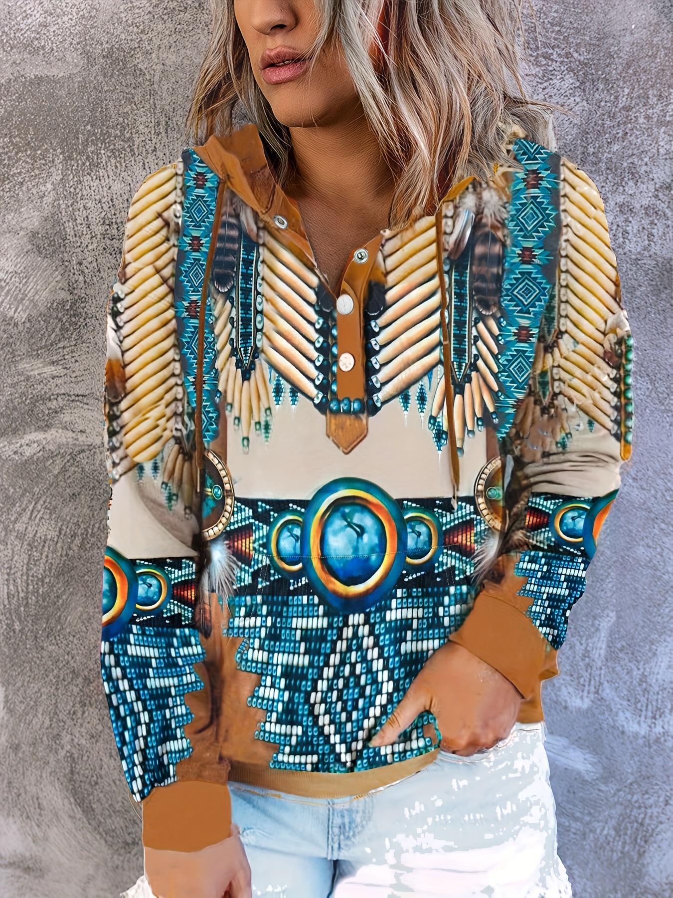western ethnic print button hoodie vintage long sleeve drawstring hoodie sweatshirt womens clothing details 0
