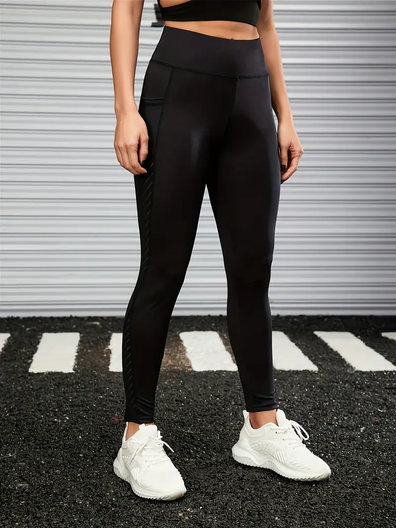 Mesh Insert Breathable Sports Leggings With Pockets, Butt Lifting High  Stretch Yoga Tights, Women's Activewear