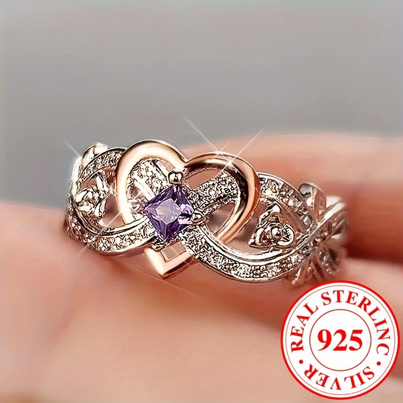 

Bague élégante en argent sterling 925 avec cœur infini et zircone violette, bague de fiançailles ou d'anniversaire, 0.1 oz, cadeau de bague