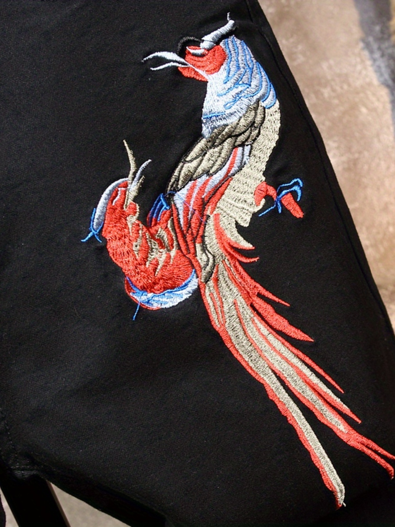 Slim Fit Embroidery Bird Ripped Jeans Men's Casual Medium Stretch Denim Pants