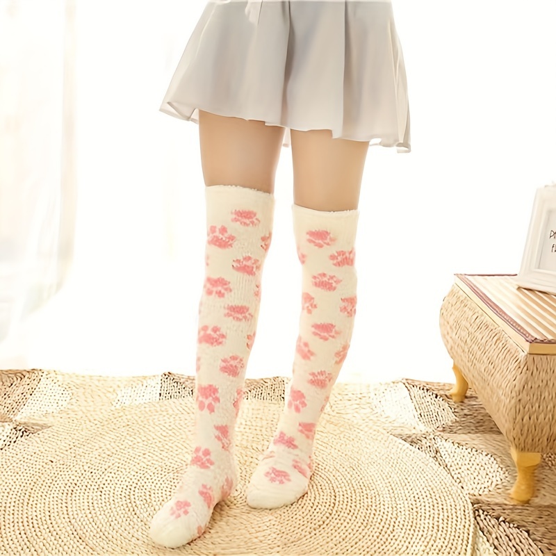 Paw Pattern Plush Thigh High Socks Warm Knee Socks Women's - Temu