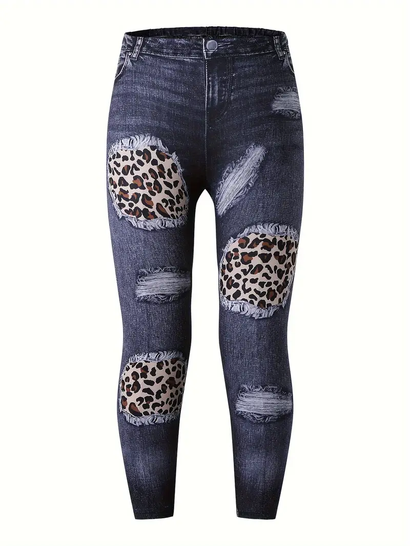 Girls Leopard Denim Digital Print Slim Fit Casual Pants - Temu