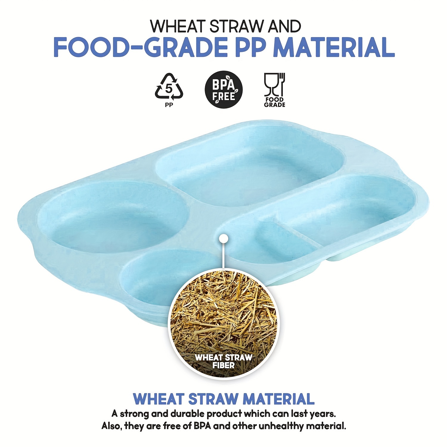 4 Pack Unbreakable Divided Plates, 6 Compartments Wheat Straw