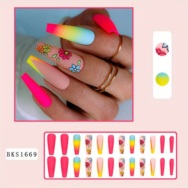 summer press on nails long ballerina rainbow gradient fake nail art cute acrylic nails flower pattern full cover sturdy nail stick on false nail tips for women girls for easter details 0