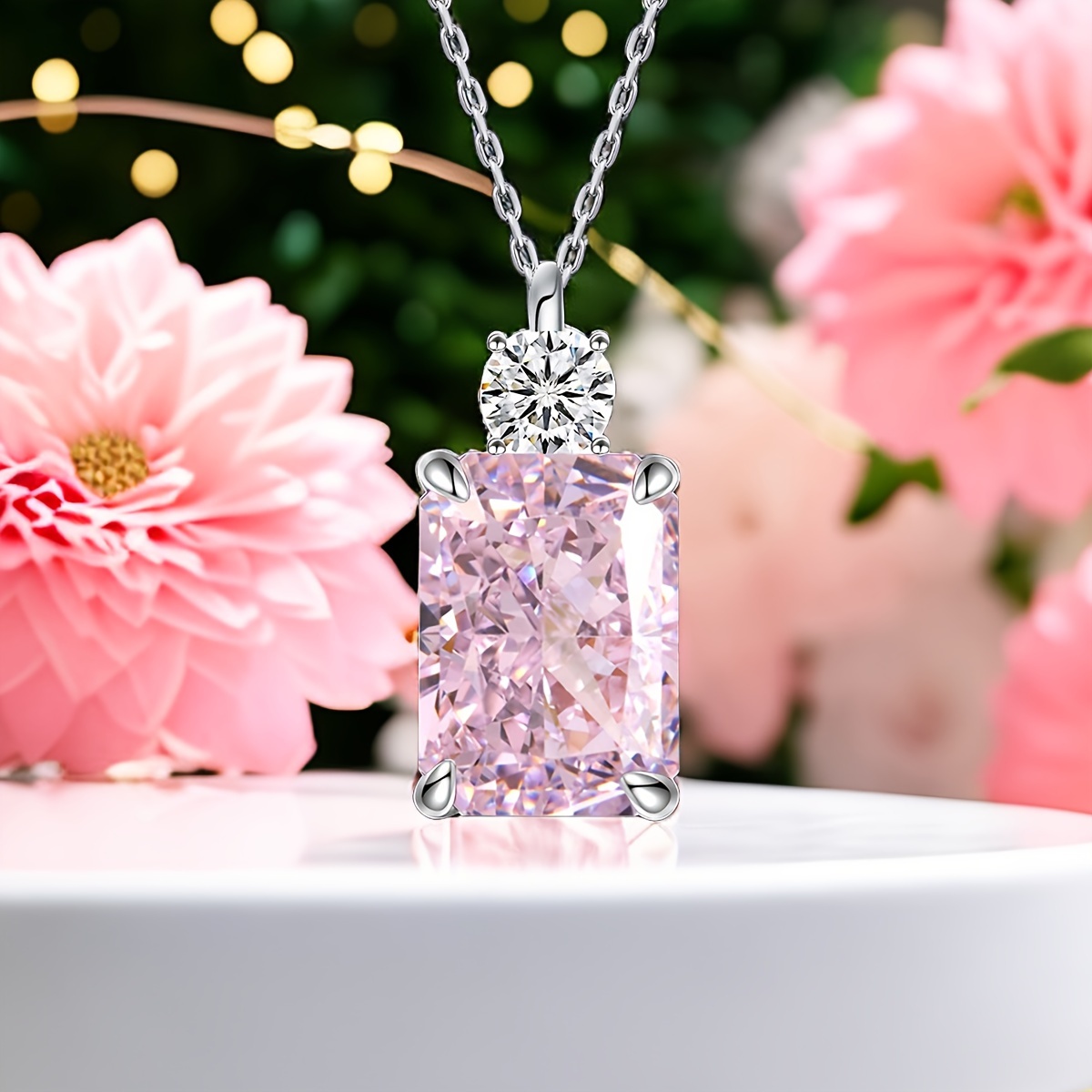 TEMU S925 Sterling Silvery Pendant Ice Pink Synthetic Cubic Zirconia Oblong Four-prong Classic Elegant Women's Pendant 8 X 10mm Is 40cm 5cm Tail Link