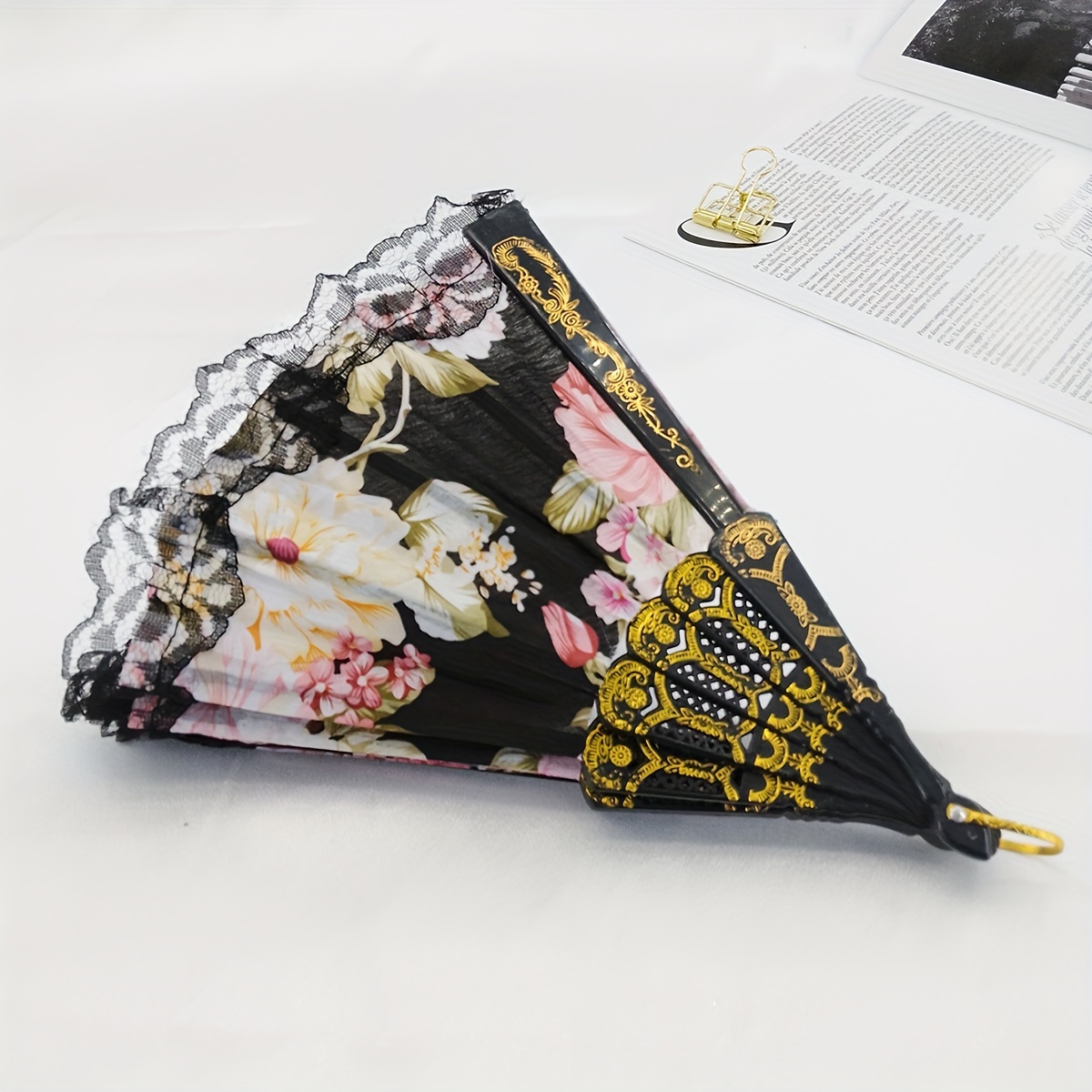 Chinese Style Floral Folding Fan with Lace for Dance Performance