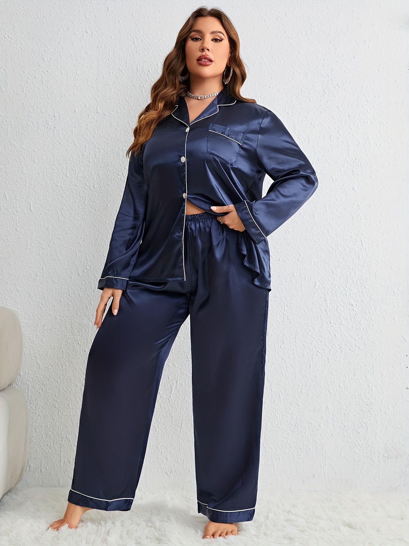 Ruffle Satin Pajama Set Long Sleeve Lapel Top Lounge Pants - Temu