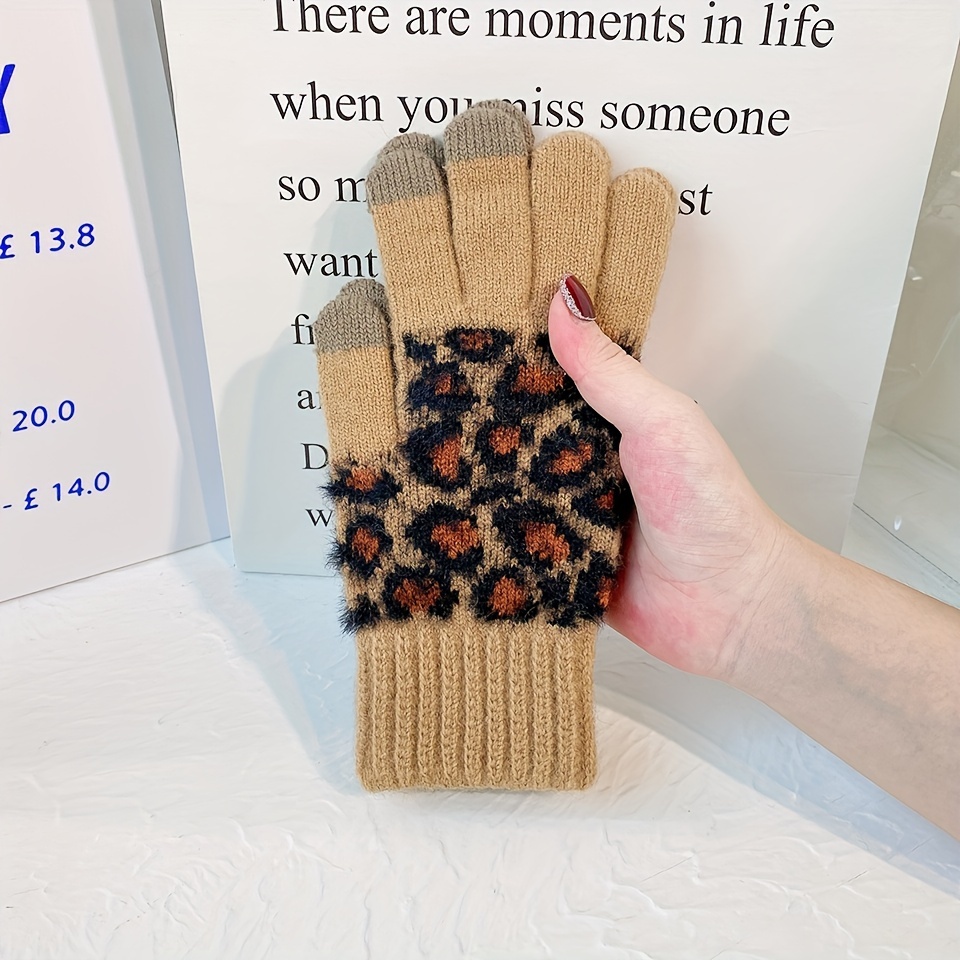 Mature Leopard Jacquard Knit Gloves Short Stretchy Split - Temu United Arab  Emirates