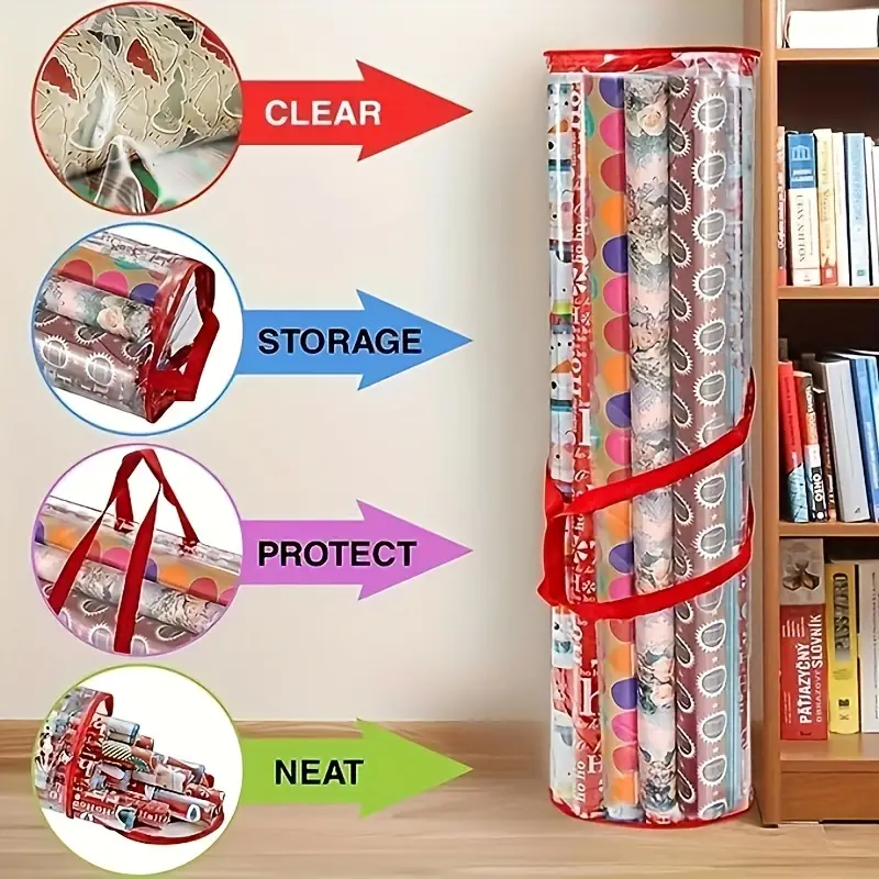 Christmas Wrapping Paper Storage Bag Transparent Zipper Pvc - Temu