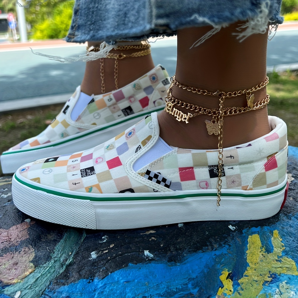 Plaid Pattern Canvas Round Toe Skate Shoes, Women's Colorful Checkered Trendy Low Top Slip on Casual Skate Shoes,Temu